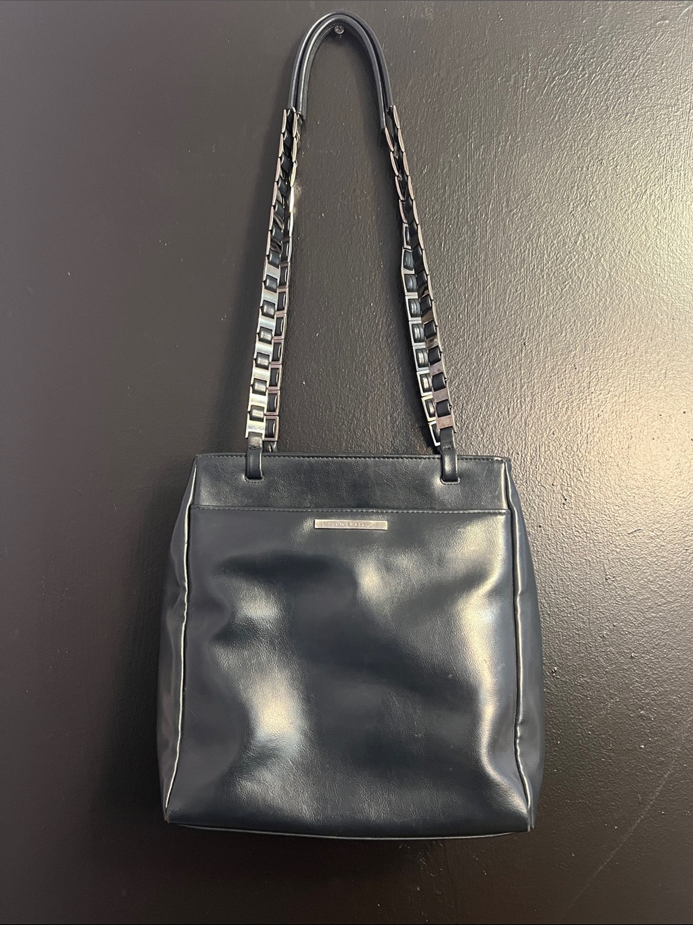 Vintage Nine West Navy Leather Tote Bag with Pewter Chain Strap
